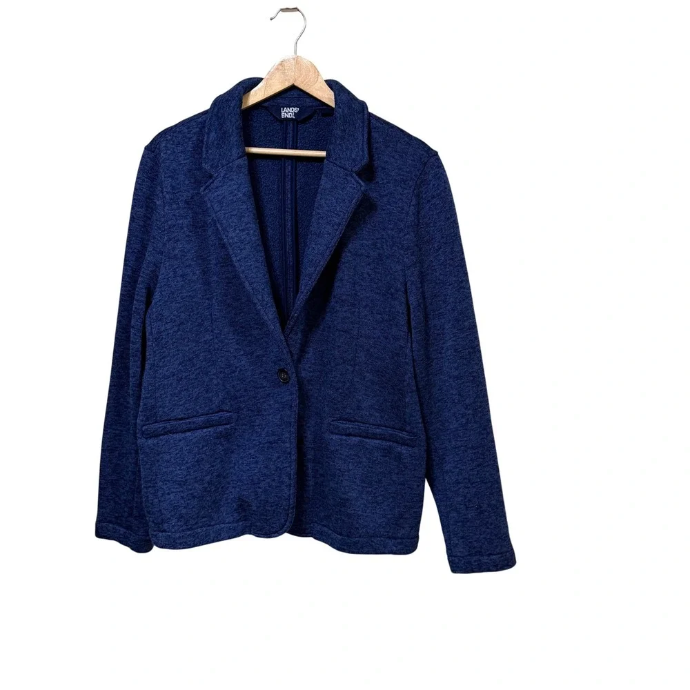 Lands End Womens XL 18 Blue Knit Blazer Single Button Marled Sweater Jacket - Picture 1 of 5